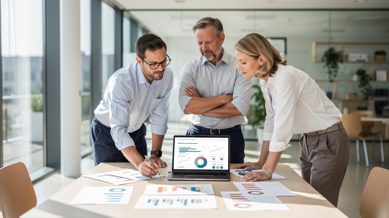 Team von Forschenden bespricht Umfrageergebnisse in einem modernen Büro